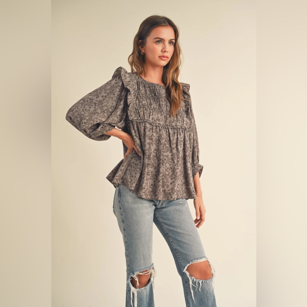 Floral Ruffle Blouse - Brown